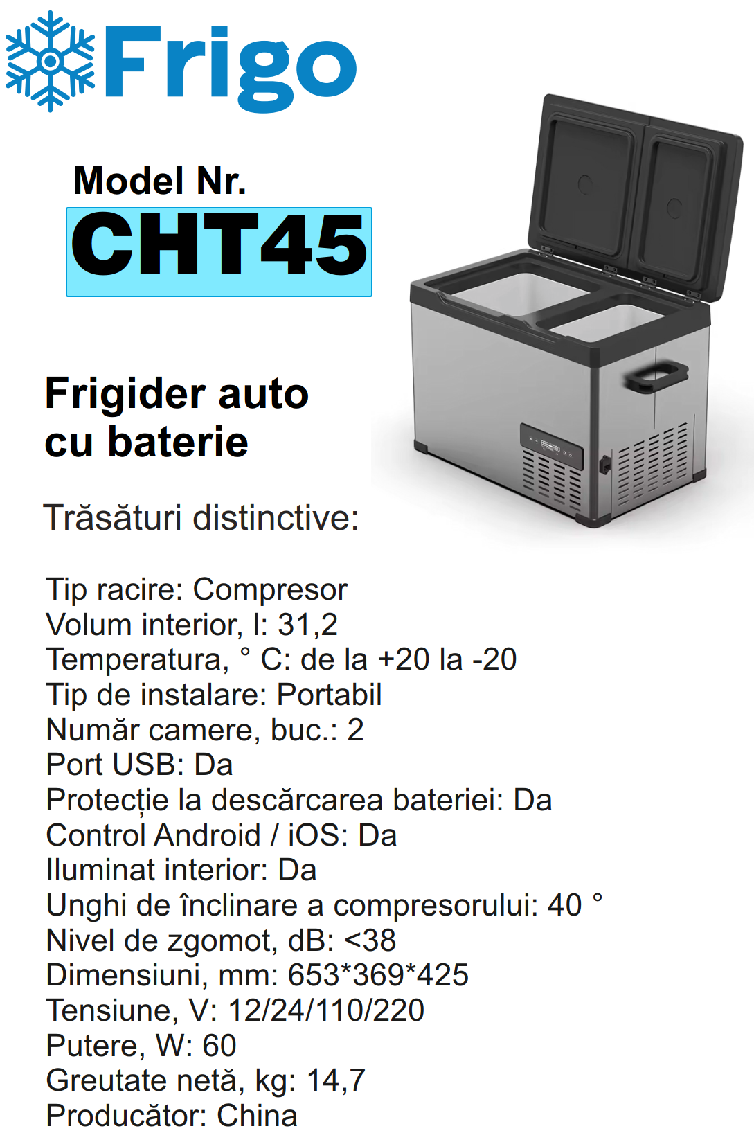 CHT45  Портативный холодильник 45 L серебристый для дома и авто 12/24V AC 110-240V with APP