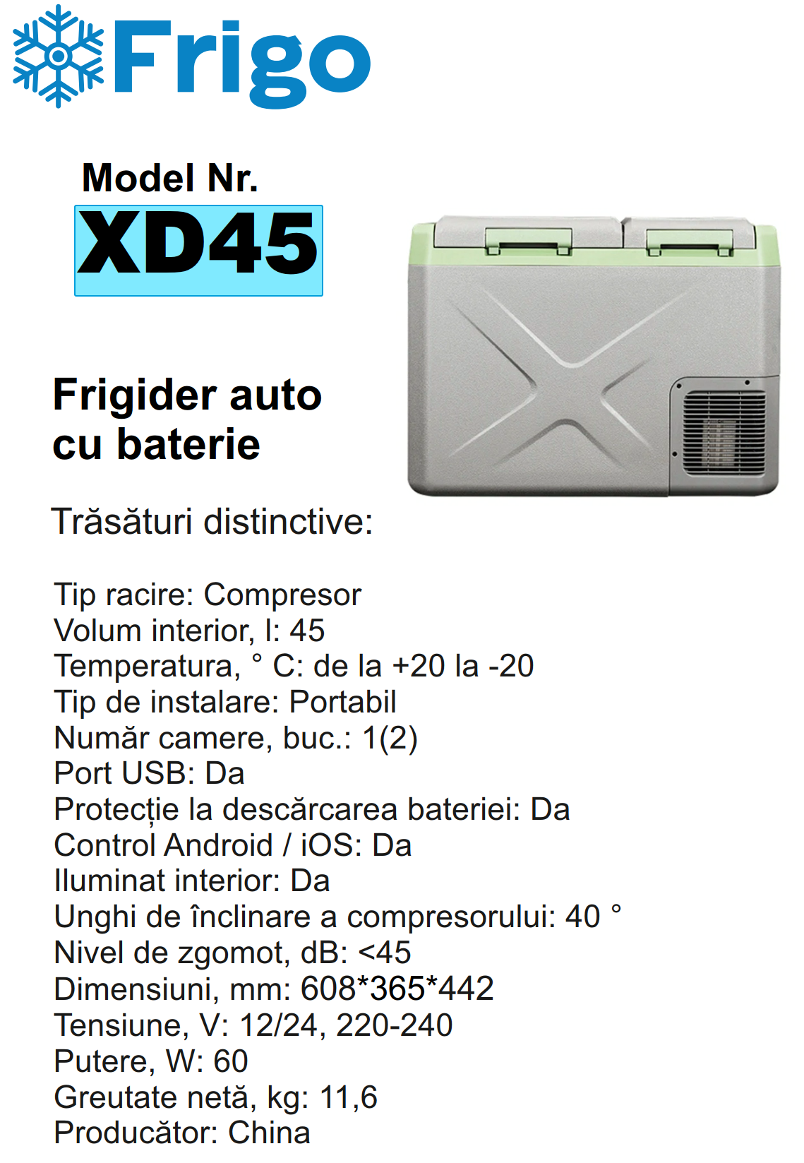 XD45  Портативный холодильник 45 L черный для дома и авто 12/24V AC 110-240V with APP