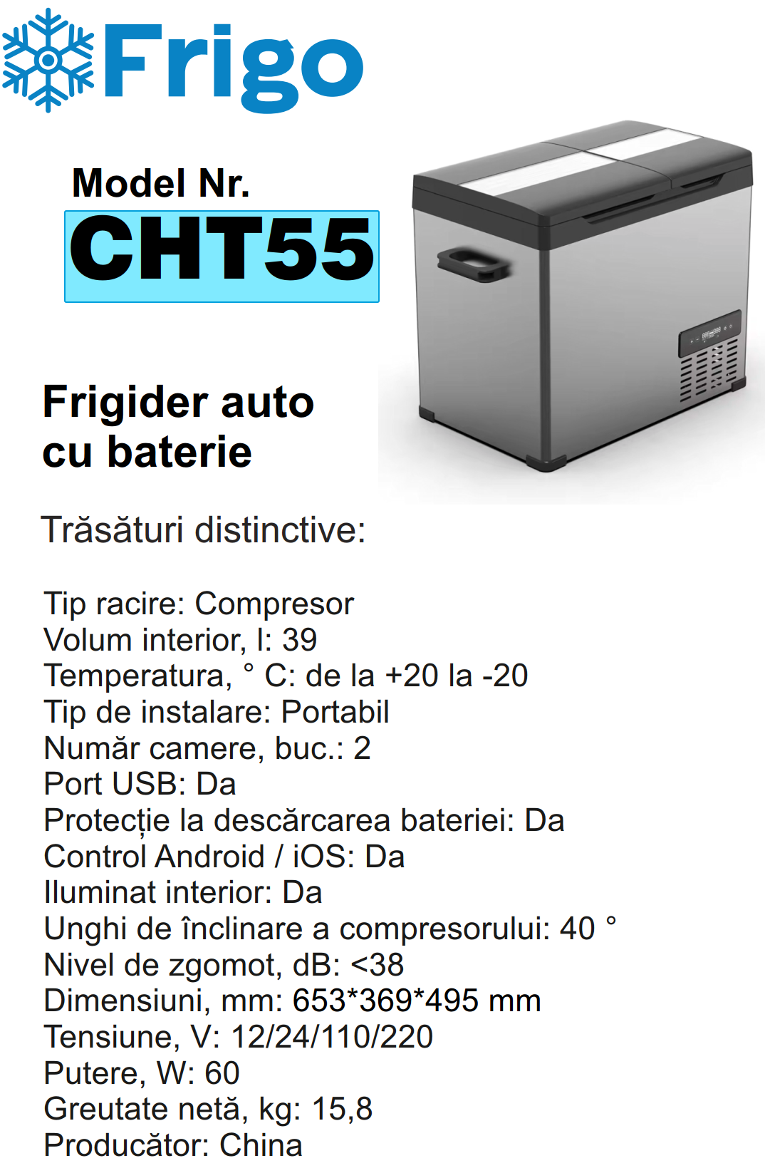 CHT55  Портативный холодильник 55 L серебристый для дома и авто 12/24V AC 110-240V with APP
