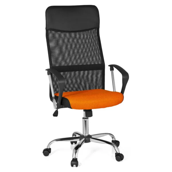 Офисное кресло F-63 Black+Orange Офисное кресло F-63 в стильном черно-оранжевом дизайне идеально подходит для рабочих пространств. Сетчатая конструкция гарантирует вентиляцию, а механизм Tilt позволяет регулировать высоту и положение спинки. Надежность и комфорт на высоте!