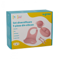 Set diversificare 5 piese din silicon: bavetă, bol, farfurie, linguriță și furculiță, roz