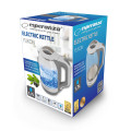 Fierbător Esperanza YUKON EKK025W din sticlă albă cu lumină LED, 1500W, 1,7l, element de încălzire ascuns, bază rotativă la 360°, oprire automată după fierbere Fierbător Esperanza YUKON EKK025W din sticlă albă cu lumină LED, 1500W, 1,7l, element de încălzire ascuns, bază rotativă la 360°, oprire automată după fierbere