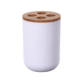 Păhar pentru periuțe de dinți Bathroom 11cm, capac din bambus, albă din plastic