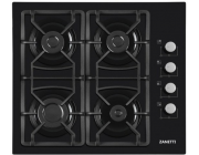 Плита Zanetti ECO 1140 BLACK 4 газ конфорки.Решетка чугунная.панел управления справа.Электроподжиг.закаленное стекло.черный