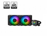MSI MAG CORELIQUID 240R V2, 240mm radiator, Intel LGA 1700/1200/115x/1366/2011/2066 & AMD AM5/AM4, 2x 120mm ARGB Two-Ball Bearings Fans, 21.63 ~ 78.73 CFM, 4-pin PWM, Pump: w/ARGB, 4200 ±10%RPM, Rotatable Blockhead, Radiator pump design, 3-phase motor, My