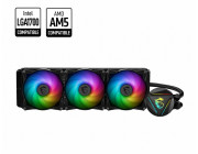 MSI MAG CORELIQUID 360R V2, 360mm radiator, Intel LGA 1700/1200/115x/1366/2011/2066 & AMD AM5/AM4, TR4/sTRX4/SP3, 3x 120mm ARGB 2-Ball Bearings Fans, 500~2000 RPM, 21.63~78.73 CFM, 14.3~34.3 dBA, 4-pin PWM, Pump: w/ARGB, 4200±10%RPM, 18dBA, Pump radiator 