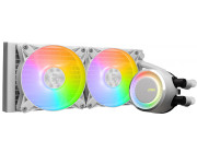 MSI MAG CORELIQUID E240 WHITE, 360mm radiator, Intel LGA 1851/1700/1200/115x & AMD AM5/AM4, 2x 120mm ARGB FDB fans, 14.3 ~ 34.3 dBA, 75.04 CFM, 4-pin PWM, Pump w/ARGB: 3000 RPM ± 10%, 20 dBA, 4-pin PWM, 200,000 hours, Cooper Base, Rotatable water cap for 