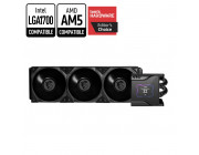 MSI MEG CORELIQUID S360, 360mm radiator, Intel LGA1700/1200/115x & AMD AM5/AM4/TR4/sTRX4/SP3, 3x 120mm MEG Silent Gale P12 fans, 0rpm Fan Mode, 2.4- IPS display, 60mm fan inside waterblock, Fans: Hydro-Dynamic Bearing, 56.2 CFM, 4 pin PWM, Pump: 21.2 dBA,