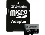 64GB microSD Class10 U3 UHS-I V30 + SD Adapter  Verbatim Pro U3 microSDXC, 600x, Read up to: 90MB/s, Write up to: 45MB/s