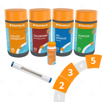 Starter Set: термометр, тест-полоски, гранулы pH — минус, хлорные гранулы, хлорные таблетки 200 г, жидкость для борьбы с водорослями