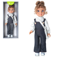#01 Păpușă în salopetă din denim cu gentuță, 40 cm