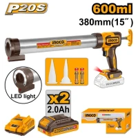 Акумуляторный пистолет для герметика 20V/2*2.0Ah 600мл INGCO CCGLI20031