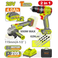 Набор Аккумуляторный шуруповерт + Углошлифовальная машина 20V 2Ah 4Ah DYLLU DTCK20273