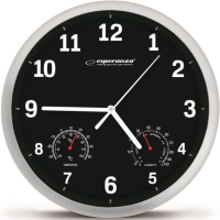 Ceas de perete Esperanza LYON EHC016K NEGRU, 25 cm, cadru din plastic, Mișcare silențioasă, cârlig pentru instalare ușoară, Măsurători: temperatură și umiditate, P Ceas de perete Esperanza LYON EHC016K NEGRU, 25 cm, cadru din plastic, Mișcare silențioasă, cârlig pentru instalare ușoară, Măsurători: temperatură și umiditate, P