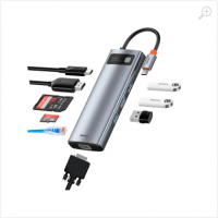Docking Station Baseus Metal Gleam 9-in-1, USB Type-C to 3xUSB 3.0, Type C PD 100W, HDMI 4K@30Hz, RJ-45 Gigabit, SD, MicroSD, VGA, Grey CAHUB-CU0G Docking Station Baseus Metal Gleam 9-in-1, USB Type-C to 3xUSB 3.0, Type C PD 100W, HDMI 4K@30Hz, RJ-45 Gigabit, SD, MicroSD, VGA, Grey CAHUB-CU0G