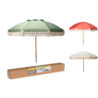 Umbrela de soare D180cm, H200cm, 8 spite, lemn, cu franjuri, UPF 50+, husa inclusa Umbrela de soare D180cm, H200cm, 8 spite, lemn, cu franjuri, UPF 50+, husa inclusa