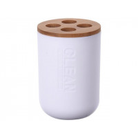 Păhar pentru periuțe de dinți Bathroom 11cm, capac din bambus, albă din plastic Păhar pentru periuțe de dinți Bathroom 11cm, capac din bambus, albă din plastic