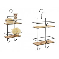 Raft de perete suspendabil cu 2 nivele+2 Cârlige cadă 11X25X50cm, metal/bambus, negru