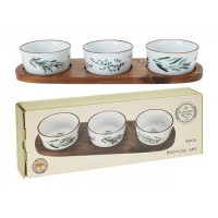 Set pentru servire EH 4buc, suport din lemn 30X10X1.2cm, 3 boluri din portelan Set pentru servire EH 4buc, suport din lemn 30X10X1.2cm, 3 boluri din portelan