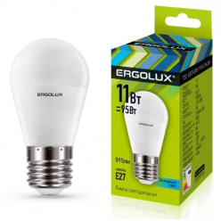 Светодиодная лампа Ergolux LED-G45-11W-E27-4K // Мощность : 11**Тип цоколя: E27**Цветность (К): 4500