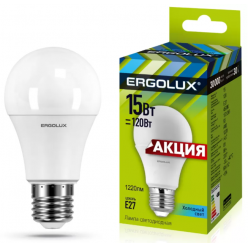 Светодиодная лампа Ergolux LED-A60-15W-E27-4K // Мощность : 15**Тип цоколя: E27**Цветность (К): 4500