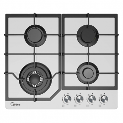 Плита Midea MG684TGW 4 газ конфорки.WOK-конфорка.закаленное стекло.Решетка чугунная.панел управления спереди.Электроподжиг.Газ-контроль.Белый