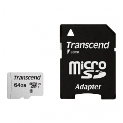 .64GB MicroSD (Class 10) UHS-I (U1),+SD adapter, Transcend "TS64GUSD300S-A" (R/W:95/45MB/s)

