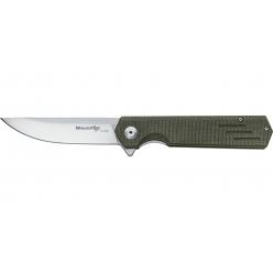 Складной EDC-нож BlackFox Revolver BF‑740 OD, клинок 90 мм из стали D2 (HRC 59–61), сатинированное покрытие satinato, рукоять OD‑green canvas Micarta с плоским зазором для пальца, механизм flipper + liner‑lock на шарикоподшипниках, клипса tip‑up нержавеющ
