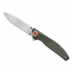 Складной EDC‑нож BlackFox Artia BF‑765 OD, клинок D2 со stone‑wash покрытием (~85 мм, HRC 59–61), рукоять OD‑green Micarta/G10, механизм flipper + liner‑lock, клипса tip‑up реверсивная, общая длина ~203 мм, вес ~100 г, дизайн Grigorii Matveev
