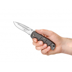 Складной автоматический нож Boker Plus AK‑74 Anniversary BO‑01KAL174, ограниченная серия (1500 экз.), клинок 85 мм из CTS‑XHP (HRC 56‑58) с сатинированной отделкой, жёлтая алюминиевая рукоять gun‑metal grey, механизм кнопочного unlock (push‑button), замок