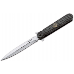 Складной EDC‑нож SWAT Transformer BO‑01MB102, Magnum/Böker Plus, flipper Liner‑lock, клинок из стали 440A (~125 мм, толщина 2,7 мм, HRC ≈58), рукоять черная анодированная алюминий с эмблемой SWAT, общая длина 245 мм, вес ~145 г