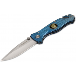 Складной EDC‑нож Law Enforcement BO‑01MB365 от Boker Magnum (подразделение Fox), клинок Drop‑Point 85 мм из нержавеющей стали 440A с сатинированной отделкой, рукоять голубой анодированный алюминий с полицейским логотипом, механизм Liner‑Lock, открытие thu