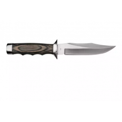 Фиксированный охотничий нож Boker Magnum Jungle Devil BO‑02MB207, крупный Bowie‑тип клинок из нержавеющей стали 440A (≈15 см, 3‑4 мм толщиной, HRC 55‑58), сатинированная отделка, эргономичная рукоять из Pakkawood с крюком под палец, гард и навершие из мат