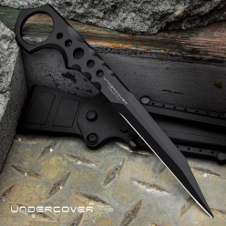 Фиксированный скрытный нож Undercover CIA Stinger II BO‑02UC3513, клон United Cutlery, цельнометаллический 3Cr13 клинок 3,5″ (~89 мм) в черном матовом покрытии, рукоять из цельной стали с отверстиями и кольцом у эфеса, нейлоновые ножны с быстросъемной кли