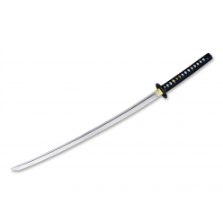 Катана Magnum Yoshida Katana Dark Blue BO‑05SC309, декоративная коллекционная катана из высокоуглеродистой стали (≈1045), Bo‑Hi желоб, клинок 720 мм × 7,4 мм (HRC не указывается), рукоять деревянная с темно‑синим tsuka-ito и menuki, тsuba и saya в чёрно‑т