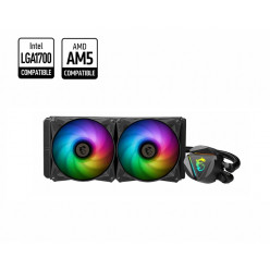 MSI MAG CORELIQUID 240R V2, 240mm radiator, Intel LGA 1700/1200/115x/1366/2011/2066 & AMD AM5/AM4, 2x 120mm ARGB Two-Ball Bearings Fans, 21.63 ~ 78.73 CFM, 4-pin PWM, Pump: w/ARGB, 4200 ±10%RPM, Rotatable Blockhead, Radiator pump design, 3-phase motor, My