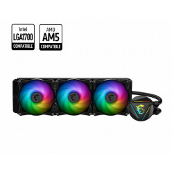 MSI MAG CORELIQUID 360R V2, 360mm radiator, Intel LGA 1700/1200/115x/1366/2011/2066 & AMD AM5/AM4, TR4/sTRX4/SP3, 3x 120mm ARGB 2-Ball Bearings Fans, 500~2000 RPM, 21.63~78.73 CFM, 14.3~34.3 dBA, 4-pin PWM, Pump: w/ARGB, 4200±10%RPM, 18dBA, Pump radiator 