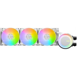 MSI MAG CORELIQUID E360 WHITE, 360mm radiator, Intel LGA 1700/1200/115x & AMD AM5/AM4/TR4/sTRx4, 3x 120mm ARGB FDB fans, 14.3 ~ 34.3 dBA, 78.73 CFM, 4-pin PWM, Pump w/ARGB: 3000 RPM ± 10%, 20 dBA, 4-pin PWM, 200,000 hours, Cooper Base, Rotatable water cap