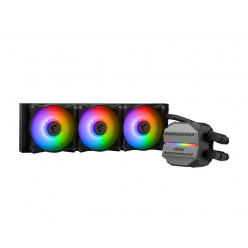 MSI MAG CORELIQUID M360, 360mm radiator, Intel LGA 1700/1200/115x/2011/2066 & AMD AM5/AM4/TR4, 3x 120mm ARGB ball-bearings fans: 2000rpm, 21.63 ~ 78.73 CFM, 70,000 Hours, 4-pin PWM, Pump w/ARGB: Cooper Plate, 3-phase motor, 3100 RPM ± 10%, 20 dBA, 100,000