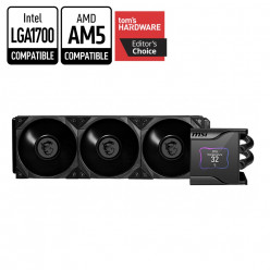 MSI MEG CORELIQUID S360, 360mm radiator, Intel LGA1700/1200/115x & AMD AM5/AM4/TR4/sTRX4/SP3, 3x 120mm MEG Silent Gale P12 fans, 0rpm Fan Mode, 2.4- IPS display, 60mm fan inside waterblock, Fans: Hydro-Dynamic Bearing, 56.2 CFM, 4 pin PWM, Pump: 21.2 dBA,