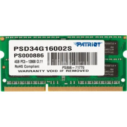 4GB DDR3-1600 SODIMM  PATRIOT Signature Line, PC12800, CL11, 2 Rank, Double-sided module, 1.5V