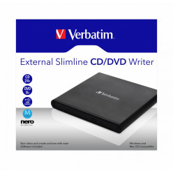 External Slimline CD/DVD Writer VERBATIM, Portable Slim -14mm, Super-Multi CDR/RW +24x/-24x, DVDR+8x/-8x, RW+6x/-6x, DL+6x, RAM 5x, miniDVD, M-DISC, USB2.0, Black, Retail (98938)