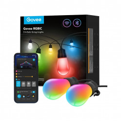 Outdoor String Lights  GOVEE RGBIC Smart Outdoor String Lights 15m, 15 Light Bulbs, Wi-Fi + BT, App, Multicolor / Warm White, DIY Mode, Timer + Schedule, Waterproof - Bulb String Light: IP65 / Control Box: IPX5 / Adapter: IPX0, Voice Control, No Hub Requi