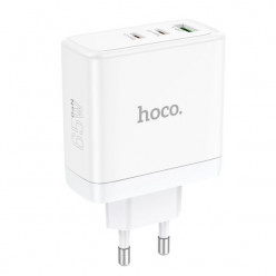 USB Charger  HOCO N30 Glory Three-port, 2 x USB-C + 1 x USB, USB-C 1/2: up to 65W, USB-A: up to 18W, up to PD65W / QC3.0, GaN, White