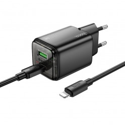 USB Charger  HOCO N52 Monsoon, 1 x USB-C + 1 x USB, USB-C: 20W / USB:18W, Total output: 5V/3A, up to PD20W / QC3.0, Black