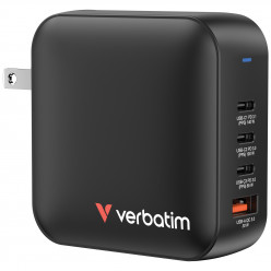 USB Charger VERBATIM Mini GaN Charger 165W, 4 output ports: 1 x USB-C® PD 140W, 1 x USB-C PD 100W, 1 x USB-C PD 65W and 1 x USB-A QC 3.0, US plug with EU and UK adaptors, fireproof material, black