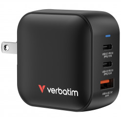 USB Charger VERBATIM Mini GaN Charger 70W, 3 Port (2 USB-C PD 3.0, 1 USB-A QC 3.0), US plug with EU and UK adaptors, fireproof material, black