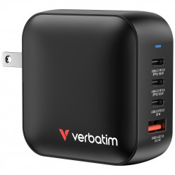 USB Charger VERBATIM Mini GaN Charger 100W, 4 Port (3 USB-C PD 3.0, 1 USB-A QC 3.0), US plug with EU and UK adaptors, fireproof material, 