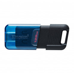 128GB USB-С3.2  Kingston DataTraveler 80M, Black/Blue, USB-C, Cap design, Stylish slim plastic casing fits, Keyring Loop (Read 200 MByte/s)