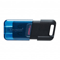 256GB USB-C3.2  Kingston DataTraveler 80M, Black/Blue, USB-C, Cap design, Stylish slim plastic casing fits, Keyring Loop (Read 200 MByte/s)